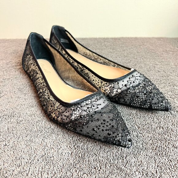 Jewel Badgley Mischka Womens Size 8.5 Black Lace Jeweled‎ Point Toe Flats Shoes - Picture 2 of 14